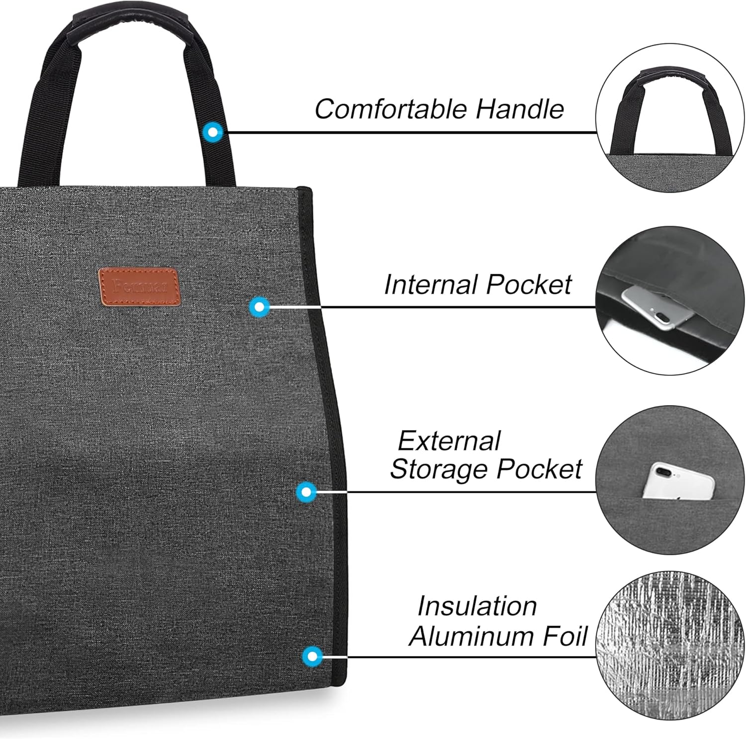 Lunch Bags for Women Insulated Reusable Lunch Tote with Internal Pocket, Lunch Tote bag for Work (Charcoal Grey