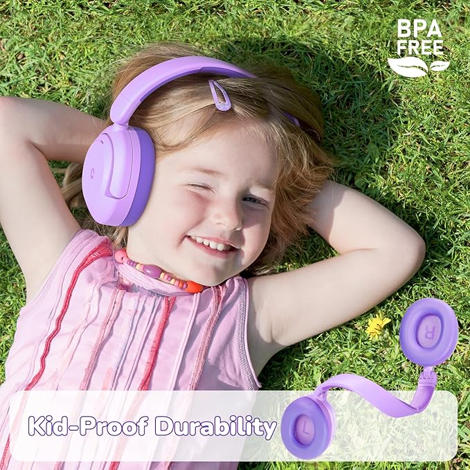 iClever BTH20 Active Noise Cancelling Headphones for Kids, 60H Play Time,Type C Fast Charging,Safe Volume 80dBA,Bluetooth5.4,Award-Winning Kids Headphones Wireless for iPad Tablet Airplane,Purple-BubblyBeeBaby
