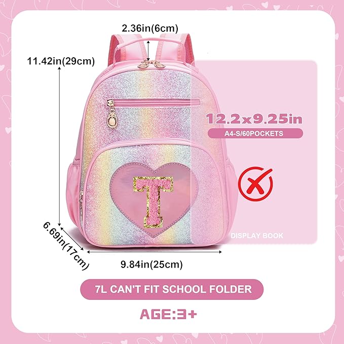 I IHAYNER Kids Glitter Lightweight Backpack for School Travel & Daycare, Toddler Backpack for Girls 3+ Preschool Kindergarten Elementary Kids Backpack-Rainbow Pink T-BubblyBeeBaby