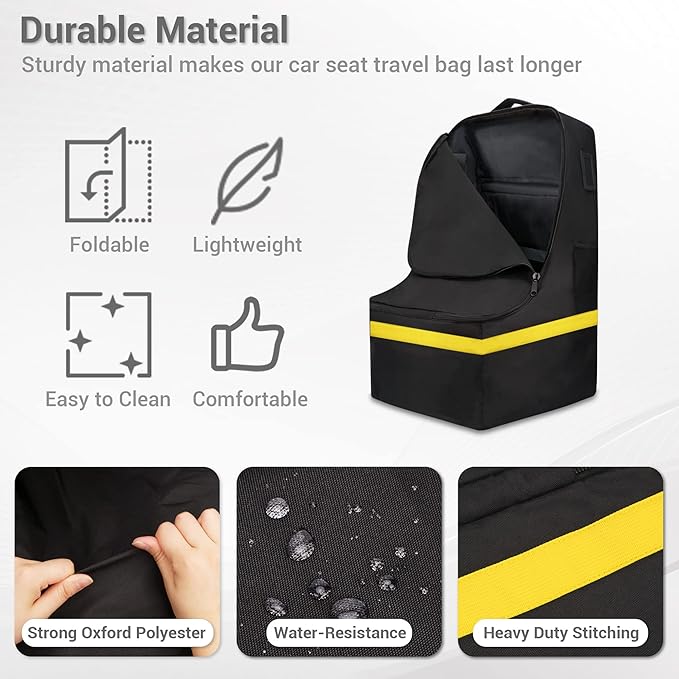 Car Seat Travel Bag - Padded, Comfortable, Durable, Roomy Gate Check Carseat Cover Backpack Fits 3-in-1，Convertible, Booster & Infant Car Seats for Airplane, Airport, Yellow-BubblyBeeBaby