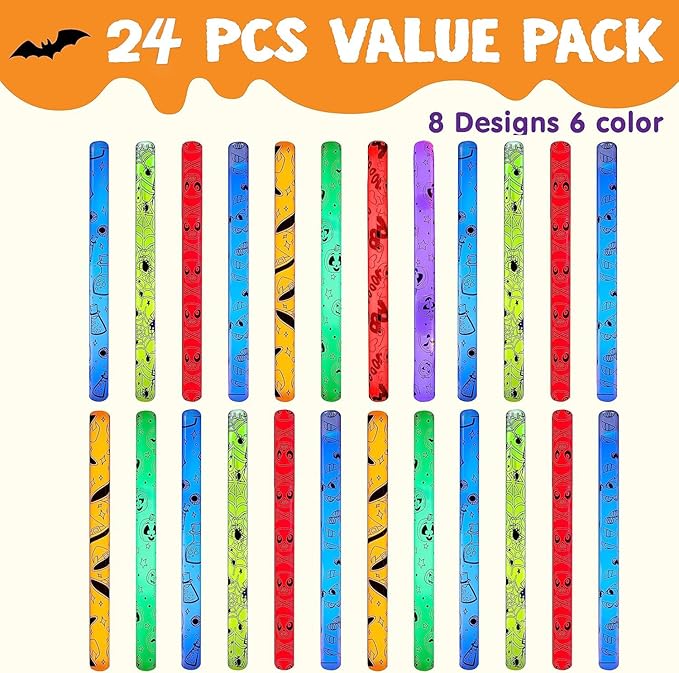 JOYIN 24 Pcs Halloween Glow Stick Hanging Wands in 8 Different Pattern Designs and 6 Colors for Kids Party Favors, Halloween Party Supplies, Glow in the Dark, Goodies Bags Fillers, Non Candy Treats-BubblyBeeBaby