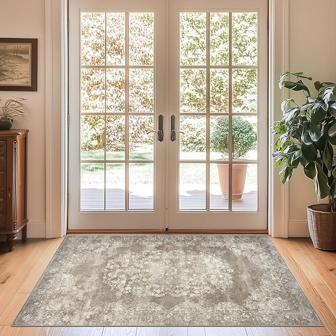 jinchan Washable Area Rug 3x5 Entryway - Soft Distressed Vintage Floral Indoor Bedroom Rug Faux Wool Low Pile Small Oriental Accent Carpet for Kitchen,Entrance,Bedside,Dining Room(Brown,3'x5')-BubblyBeeBaby