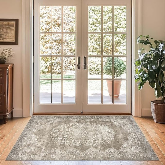 jinchan Washable Area Rug 3x5 Entryway - Soft Distressed Vintage Floral Indoor Bedroom Rug Faux Wool Low Pile Small Oriental Accent Carpet for Kitchen,Entrance,Bedside,Dining Room(Brown,3'x5')-BubblyBeeBaby