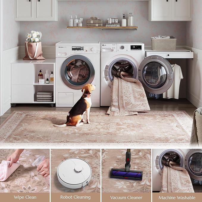 jinchan Vintage Floral Runner Rug 2x5 - Machine Washable Distressed Design Non-Slip Low-Pile Soft Thin Carpet for Hallway Kitchen Farmhouse Bedroom Entryway Laundry Room (2x5ft,Coral Pink)-BubblyBeeBaby