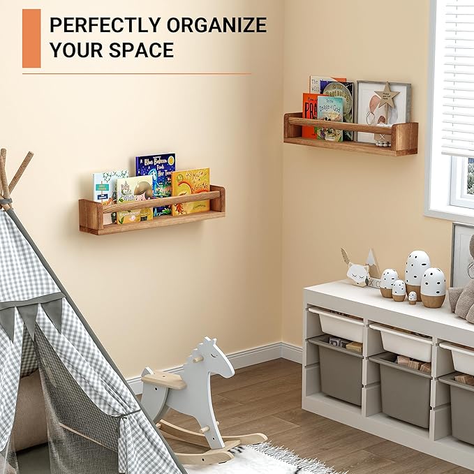 Heimlove Nursery Floating Shelves, Nursery Book Shelves for Wall, 16 inch Wall Bookshelf for Kids Solid Wood Wall Mounted Shelves for Books,Toys and Decor Storage, Set of 2-BubblyBeeBaby