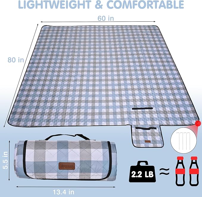 HX&OD Outdoor Picnic Blanket, Extra Large, 80''x60'' Waterproof Foldable Blankets Gingham Picnic Mat for Beach, Camping Grass Lawn Park Accessories Cute Couple Ideas Wedding (Coffee Color, 80”x60”)-BubblyBeeBaby