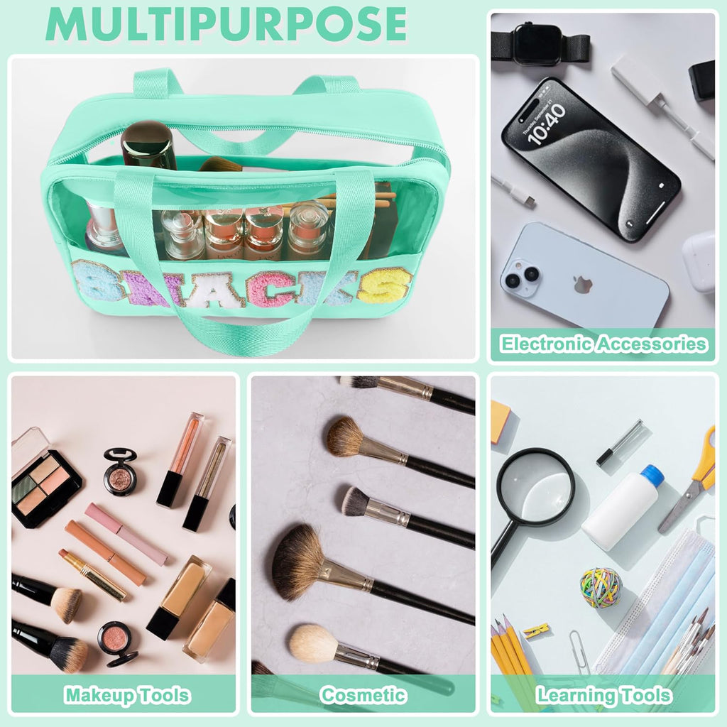 Snack Bag for Travel - Chenille Letter Clear Makeup Bag, Large Preppy Patch Snack Cosmetic Bag with Handle and Zipper, Cute Makeup Pouch Nylon&PVC Waterproof Toiletry Organizer Storage for Women Girls