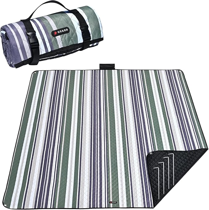HX&OD Outdoor Picnic Blanket Extra Large, 80''*60'' Waterproof Picnic Mat with Stakes Foldable Camping Blanket Portable with Carry Strap for Beach Mat (Green& White, 80''*60'')-BubblyBeeBaby