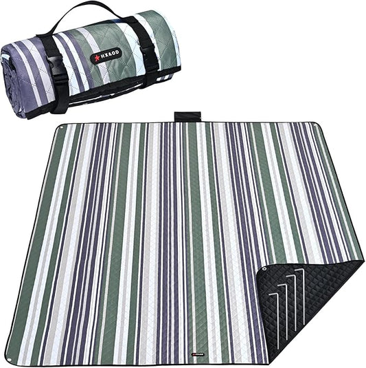 HX&OD Outdoor Picnic Blanket Extra Large, 80''*60'' Waterproof Picnic Mat with Stakes Foldable Camping Blanket Portable with Carry Strap for Beach Mat (Green& White, 80''*60'')-BubblyBeeBaby