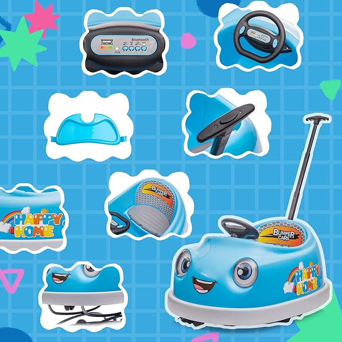 12V Dual Battery Electric Ride on Kids Bumper Car w/Remote Control,360 Degree Spin,Push Rod Rocker Horse Function,3-Speeds Babies & Toddlers Bumping Car Ride on Toy Gift for 1-4 Years Children (Blue)-BubblyBeeBaby