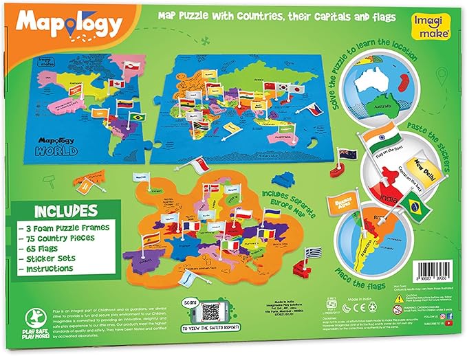 Imagimake Mapology World Map Puzzle - Includes Country Flags & Capitals | Fun Jigsaw Puzzle Kids Ages 5-8 | Educational Toys for Ages 8-13 | Geography Gifts for Girls & Boys 5, 6, 7, 8, 9, 10, 11, 12-BubblyBeeBaby