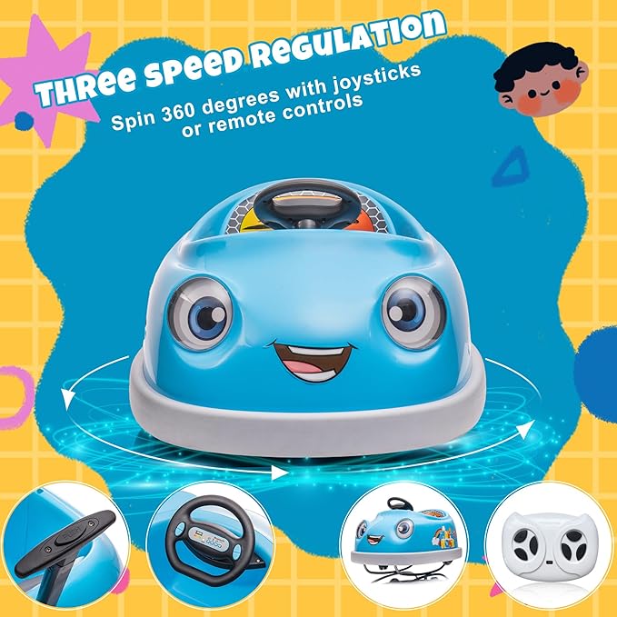 12V Dual Battery Electric Ride on Kids Bumper Car w/Remote Control,360 Degree Spin,Push Rod Rocker Horse Function,3-Speeds Babies & Toddlers Bumping Car Ride on Toy Gift for 1-4 Years Children (Blue)-BubblyBeeBaby