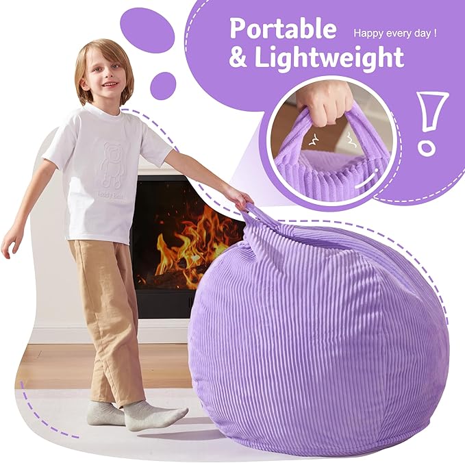 Homguava 2FT Bean Bag Chair,Teardrop Bean Bags Small Beanbag Chair with Memory Foam Filled and Ultra Soft Corduroy Cover for Living Room, Bedroom (Small,Purple)-BubblyBeeBaby