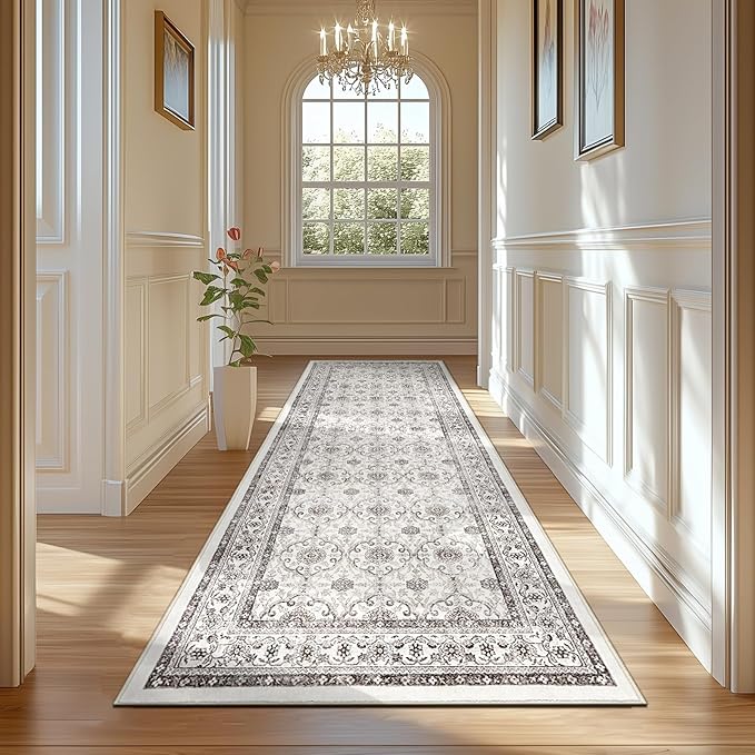 jinchan Hallway Runner Rug 3x8 - Machine Washable Beige Vintage Floral Distressed Design Soft Non-Slip Low-Pile Ultra-Thin Runner Rug for Kitchen Laundry Room Bedroom Farmhouse (3‘x8',Beige)-BubblyBeeBaby