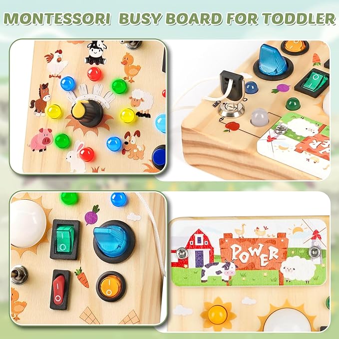 Joyreal Wooden Busy Board with LED Light, Montessori Toddler Toys, Wooden Sensory Board, Toddlers Activity Travel Toys for Boy & Girl Birthday Gift (Farm Theme)-BubblyBeeBaby