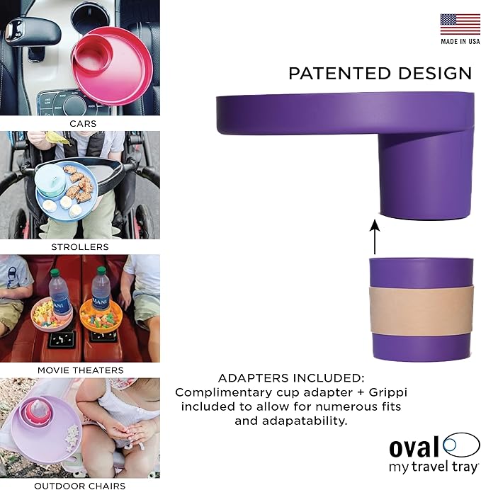 Travel Tray Oval USA Made Extend Your Current Cup Holder to Hold Your Cup Plus A Tray for Snacks, Toys and Accessories. Use in a Car Seat, Booster, Stroller, Golf Cart, Outdoor Chair, Purple-BubblyBeeBaby