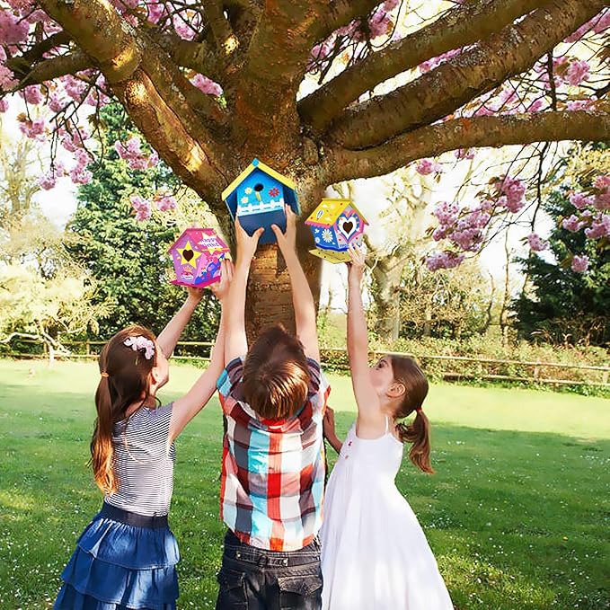 hapray 12 Pack Bird House Kit, DIY Birdhouse Kits, Wooden Crafts Arts for Children to Build and Paint (Includes Paints & Brushes) for Kids Girls Boys Toddlers Christmas Gift-BubblyBeeBaby