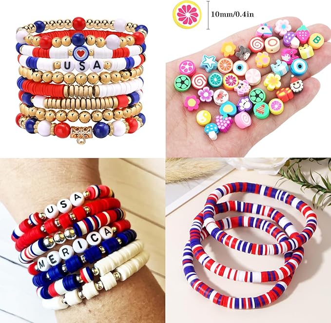 2480pcs President's Independence Day Polymer Clay Beads Charms Friendship Bracelet Necklace Earring Jewelry Making kit, Accessories for Arts Crafts DIY Birthday Gifts for Girls Children American Flag-BubblyBeeBaby