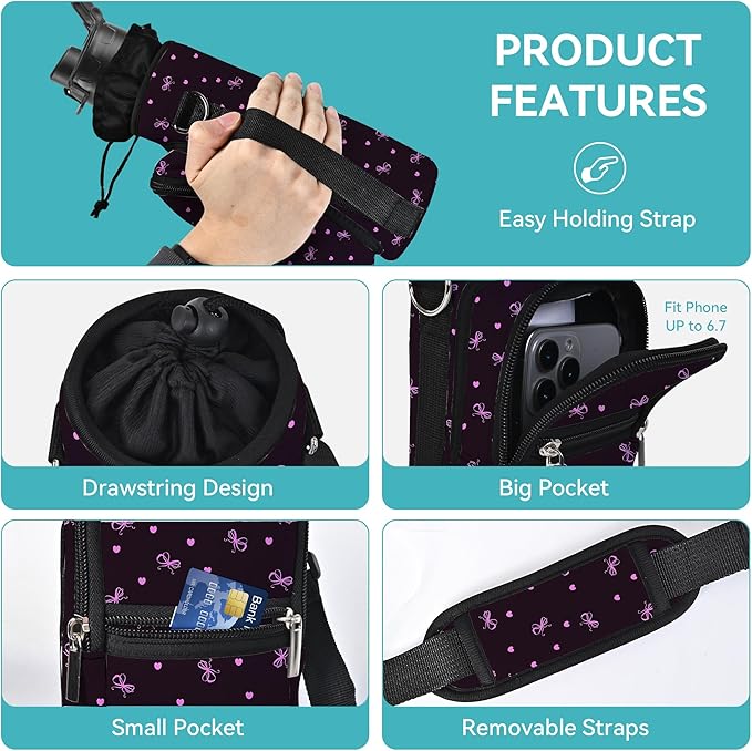 icolor Water Bottle Carrier Bag with Strap 25/32/40 oz Crossbody Bottle Holder with Phone Pocket Sling Sleeve Insulated Neoprene Water Bottle Pouch for Walking Travelling-BubblyBeeBaby