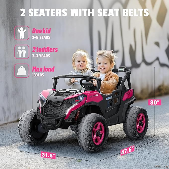 24V 2 Seater Ride on Car Truck, 4x200W, EVA Tires, 4WD/2WD, Rainbow Lights, Remote Control, Shock Absorbers, Bluetooth, Ride On UTV Toy for Kids Ages 3-8, Pink-BubblyBeeBaby