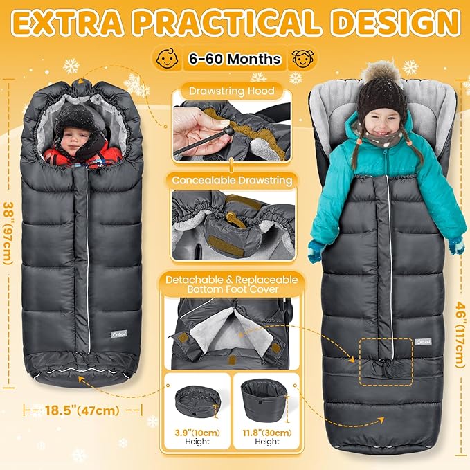 Orzbow Universal Stroller Bunting Bag with Extra Footmuff for Toddler, Kids, Warm Waterproof Stroller Blanket, Winter Cover, Baby Bunting Bag - Protect Babies from Cold Winds, Dark Grey-BubblyBeeBaby
