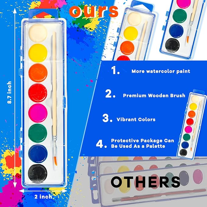 24 Pack Watercolor Paint Set for Kids - 8 Washable,Bright Colors with Paintbrush Watercolor Paint Bulk for Kids Party Favors,Classrooms Supplies,Art Lessons-BubblyBeeBaby