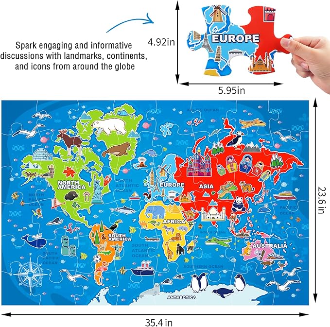 Jumbo Floor Puzzle for Kids,World Map Jigsaw Geography Puzzles,48 Piece Globe Atlas Puzzle with Continents,United States Puzzle for Ages 3-5,Preschool Learning Toys Gift for 4-8 Years Old-BubblyBeeBaby