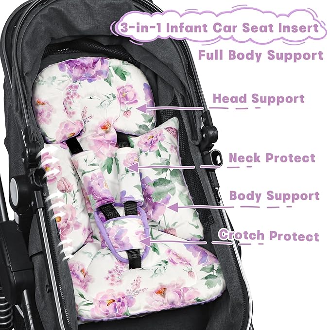 Infant Car Seat Insert, Soft Baby Car Seat Head & Body Support for Girl Boy, Reversible Newborn Preemie Carseat Insert Cushion with 3 Straps Pads Fits CarSeat, Stroller, Swing, Bouncer, Purple Floral-BubblyBeeBaby