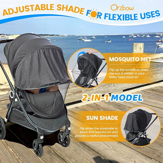 Orzbow 2-in-1 Baby Mosquito Net with UPF50+ Sunshade for Stroller, Breathable Stroller Mosquito Netting Privacy Cover with Two-Way Zipper & Storage Bag for Bassinet, Carrycot & Car Seat, Black-BubblyBeeBaby