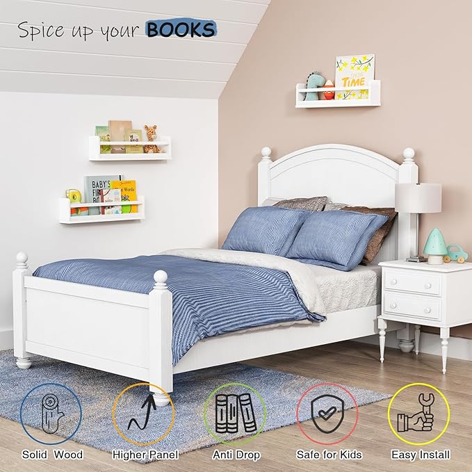 24 Inch White Wall Bookshelf for Kids Room, Floating Nursery Book Shelves Wall Mounted with Lip and Hanging Rod for Baby Girl Boy Bedroom, Large Corner Hanging Children Bookshelves -Set of 3-BubblyBeeBaby