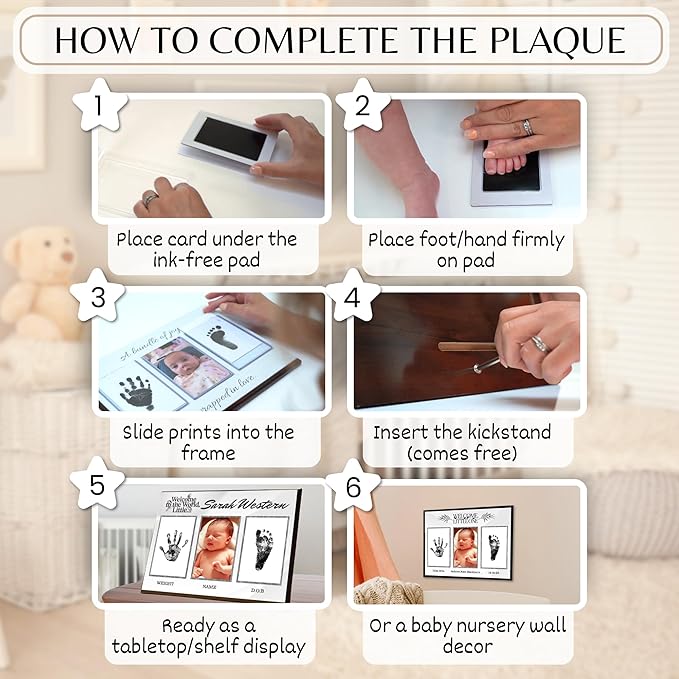Inkless Hand and Footprint Kit, Baby Keepsake Plaque & Baby Shower Gifts - Ideal as Mom To Be Gift, Nursery Picture Frames, Clean Touch Hand and Footprint Kit (Style 1 - Design 4)-BubblyBeeBaby