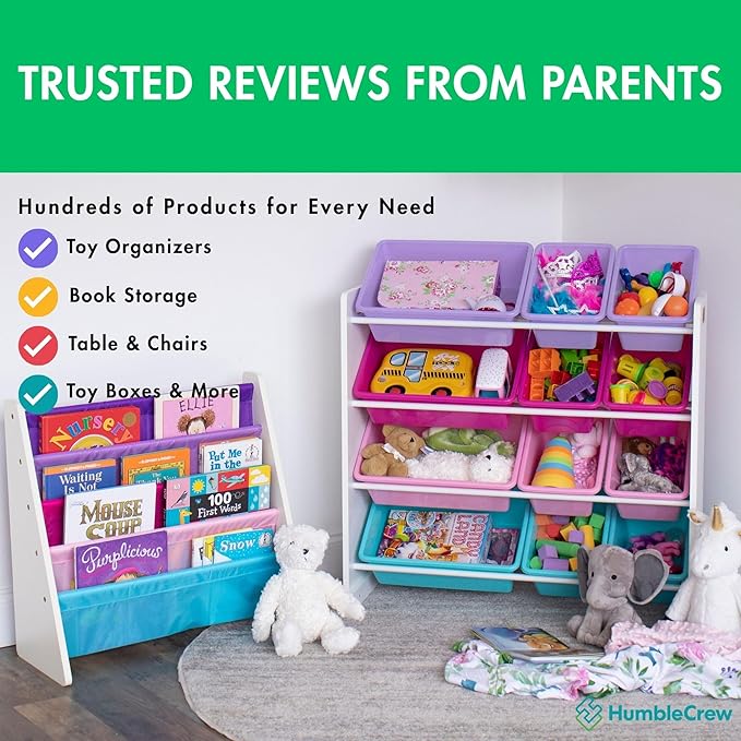 Humble Crew Kids Toy Storage Organizer with 12 Plastic Bins, White/Pink/Purple/Turquoise – Removable Bins for Playroom, Bedroom, Toddler Furniture for Boys and Girls Ages-BubblyBeeBaby