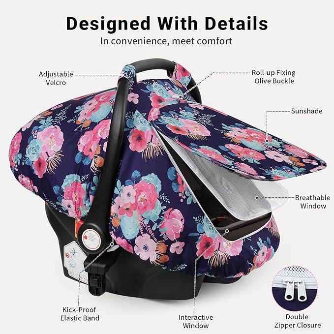 Elstey Car Seat Cover Baby, Minky Dot Carseat Covers Baby Girls, Lightweight Infant Car Seat Cover Canopy with 2 Layers Breathable Mesh Windows, Stroller Carrier for Babies Newborn Essentials-BubblyBeeBaby