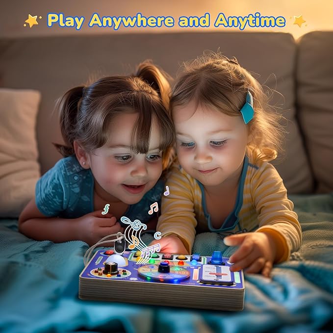 JoyCat Busy Board with Led Light, Toddler Toys for 1 2 3 4 Year Old Boys and Girls, Wooden Sensory Toys with Music, Travel Toy for Toddlers 1-3, Birthday Presents (Blue)-BubblyBeeBaby