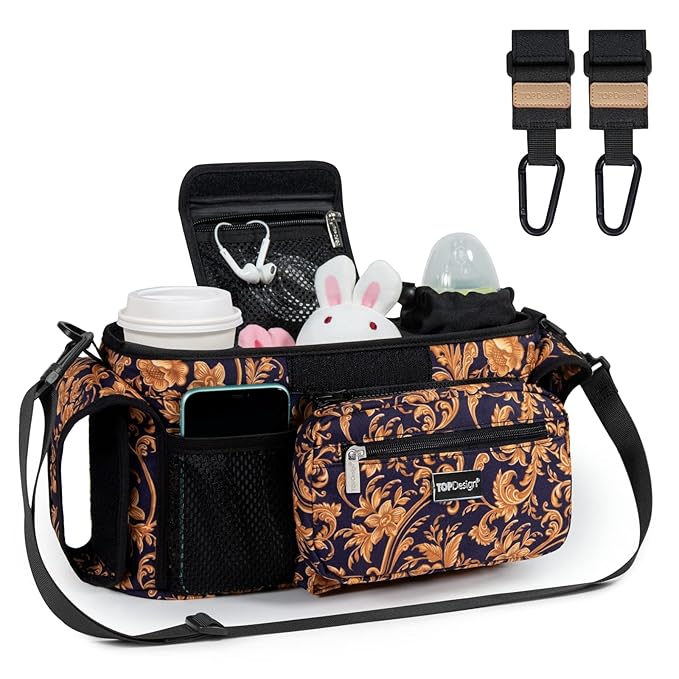 TOPDesign Universal Baby Stroller Organizer, Stroller Caddy with Heightened Insulated Cup Holders & Non-Slip Secure Hooks Accessories, Fits Most Strollers, Machine Washable (Baroque Gold)-BubblyBeeBaby
