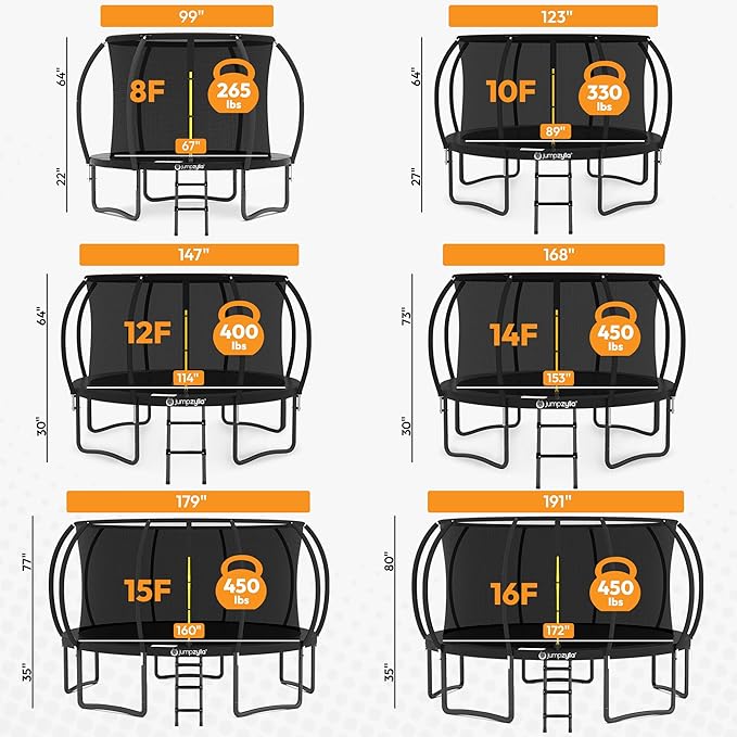 JUMPZYLLA Trampoline Outdoor 8FT 10FT 12FT 14FT 15FT 16FT with Enclosure and Ladder, ASTM Approved Recreational Trampoline for Kids and Adults, Anti-Rust Coated Frame-BubblyBeeBaby