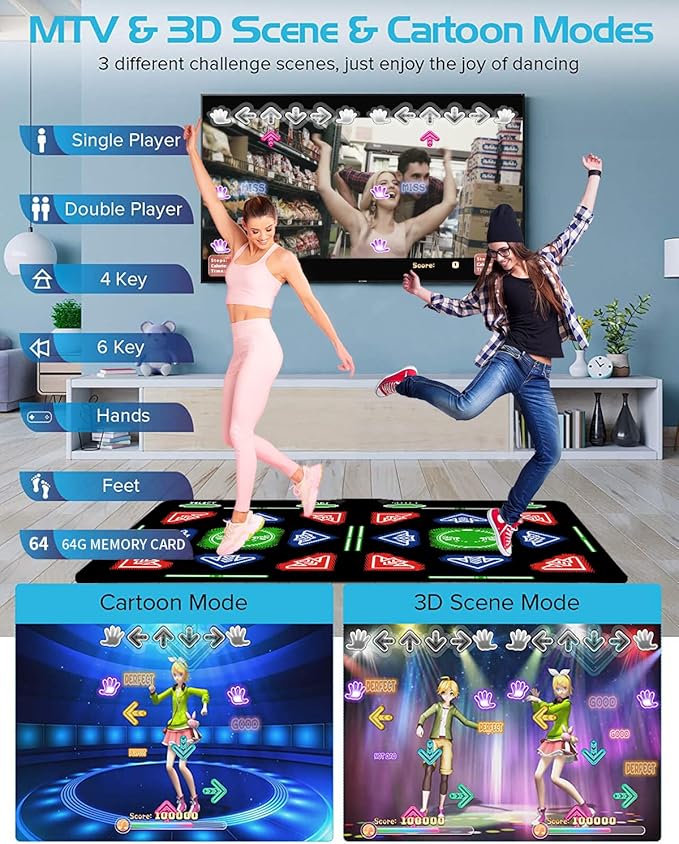 HDMI Dance Mat 64GB Storage, 1000 Games,885 Songs,81 MTV Videos.Dance pad Combines Dance, Yoga, Aerobics, Running, Sports, and Puzzle Games A Prestigious Gift for Boys & Girls. Flannel Material-BubblyBeeBaby