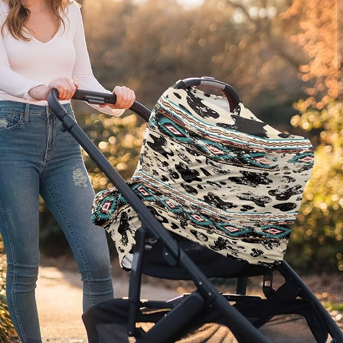 Binienty Aztec Cow Print Nursing Cover for Newborns Girls Boys, Stretchy Breathable Baby Car Seat Covers Infants Canopies-BubblyBeeBaby