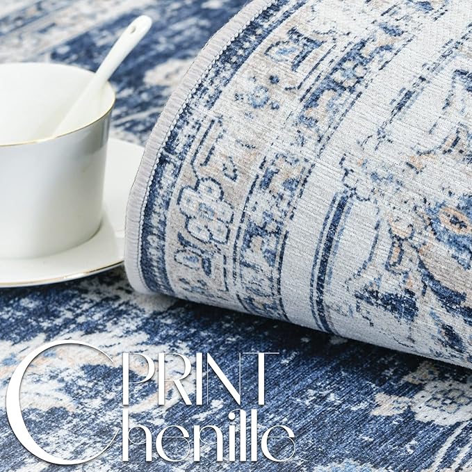 jinchan Hallway Runner Rug 3x7 Machine Washable Runner Rug Dark Blue Vintage Floral Design Non-Slip Low Pile Ultra-Thin for Kitchen Laundry Room Bedroom Farmhouse (3‘x7',Dark Blue)-BubblyBeeBaby