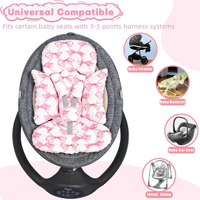 Infant Car Seat Insert, Soft Baby Car Seat Head & Body Support for Girl Boy, Reversible Newborn Preemie Carseat Insert Cushion with 3 Straps Pads, Fits Car Seat, Stroller, Swing, Bouncer, Pink Bow-BubblyBeeBaby