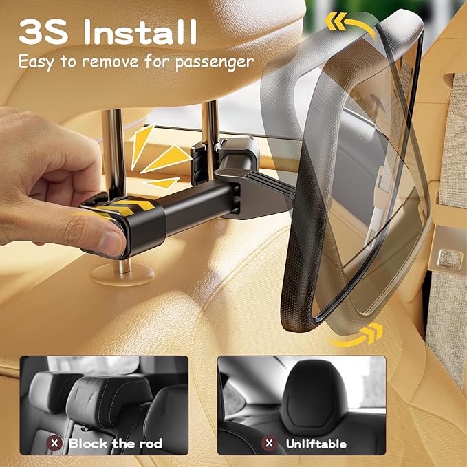 Baby Car Mirror for Baby Hook Clip Design Never Shake Baby Mirror for Car Seat Mirror Rear Facing Newborn Essentials Easy Install Back Seat Mirrors for Car Clear View ShatterProof Crash Tested-BubblyBeeBaby