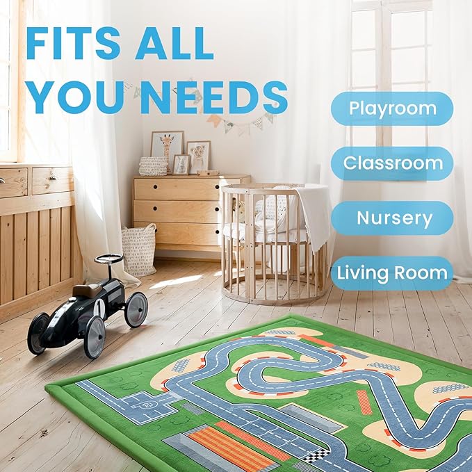 1.3" Thick Educational Baby Floor Play Mat 59x79, Basic Padded Memory Foam Kids Mat, Non-Slip Plush Playmat for Nursery Playroom Classroom (Race Track)-BubblyBeeBaby
