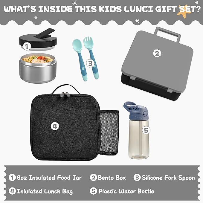 Kids Bento Lunch Box with 8oz Soup Thermo, Water Bottle, Kids Leakproof Lunch Food Containers with 4 Compartment, Insulated Hot Food Jar with Lunch Bag for School, Trvael (Black)-BubblyBeeBaby
