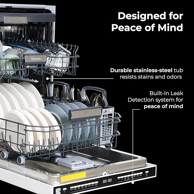 Kenmore 22-14629 24" Built-in Dishwasher-Quiet Tub with TurboDry, Leak, & SmartWash Soil Detection-15 Place Settings-49 DBA-Energy Star Certified, 24.61"D x 23.55"W x 33.88"H, Black-BubblyBeeBaby