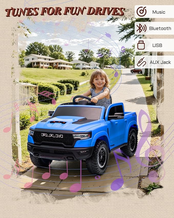 12V Kids Electric Vehicles, Licensed Ram 1500 RHO Kids Ride on Truck with Remote Control, Ride on Car for Children with Smooth Start, Truck Bed Storage, Bluetooth, Aux Port (Blue)-BubblyBeeBaby
