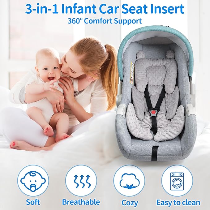 3in1 Baby CarSeat Head Support for Infant, Reversible Soft Infant Car Seat Insert Newborn Boy Girl, Breathable Cotton Head Body Support Pillow Cushion,Stroller,Swing,Bouncer,Baby Registry,Grey-BubblyBeeBaby