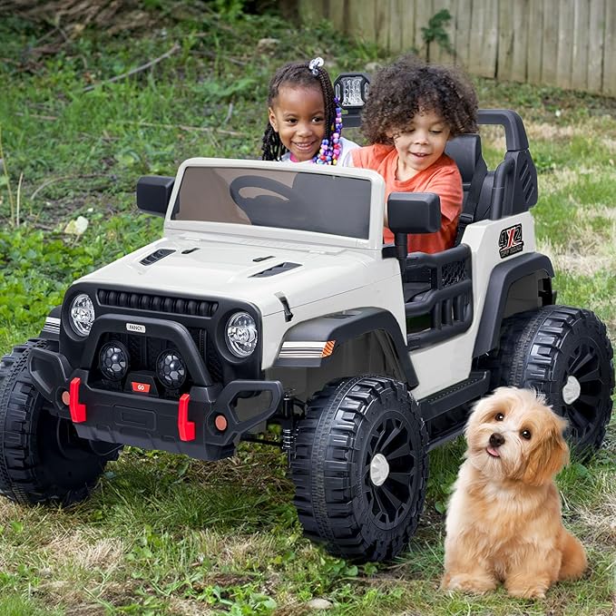 2 Seater Ride on Car Truck, 12V Kids Electric Ride on Toy for Big Kids Age 3-8 w/Remote Control- White-BubblyBeeBaby