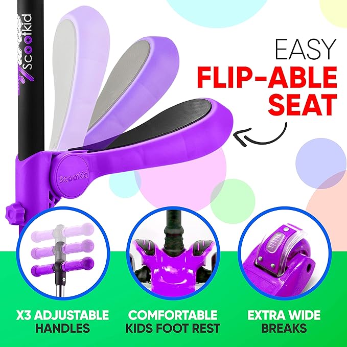 Hurtle 3-Wheeled Scooter for Kids - Wheel LED Lights, Adjustable Lean-to-Steer Handlebar, and Foldable Seat - Sit or Stand Ride with Brake for Boys and Girls Ages 1-14 Years Old-BubblyBeeBaby