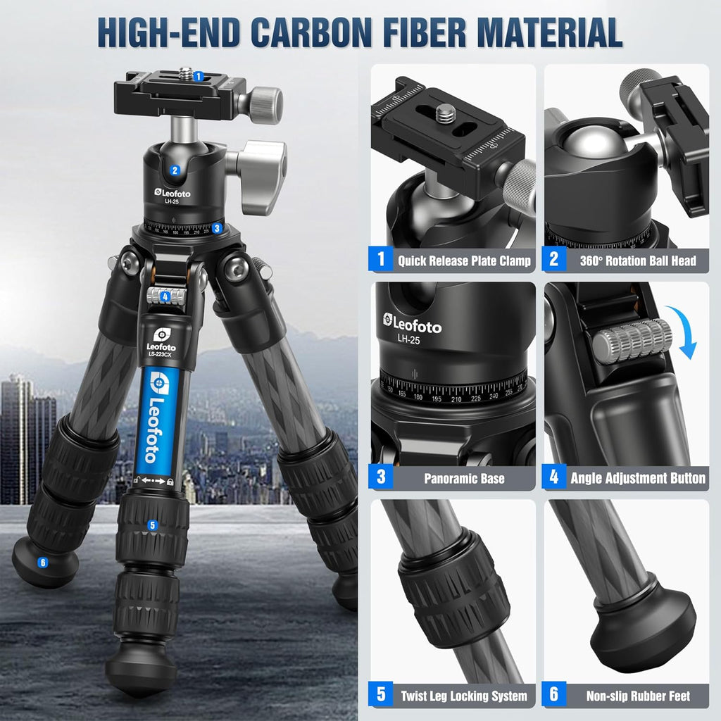 Carbon Fiber Travel Tripod with 360° Ball Head, Mini Desktop Tripod for DSLR Camera, Folded Height 10.6", Max Height 14.5″, Max Load 10kg/22lbs