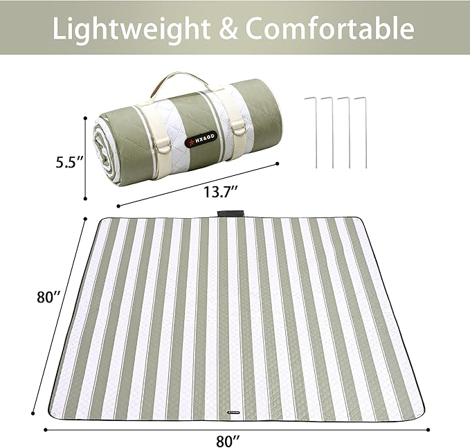 HX&OD Outdoor Picnic Blanket Extra Large, 80''*80' Waterproof Picnic Mat with Stakes Foldable Camping Blanket Portable with Carry Strap for Beach Mat (Green, 80''*80'')-BubblyBeeBaby
